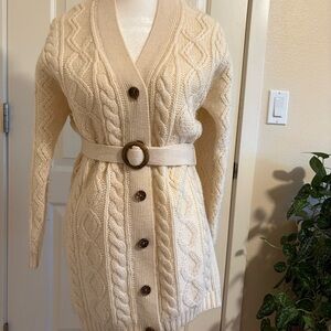 Vintage 60s Cable Knit Belted Cardigan Sweater - Cream